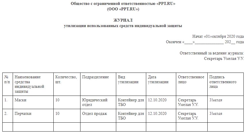 Образец журнал выдачи средств индивидуальной защиты образец